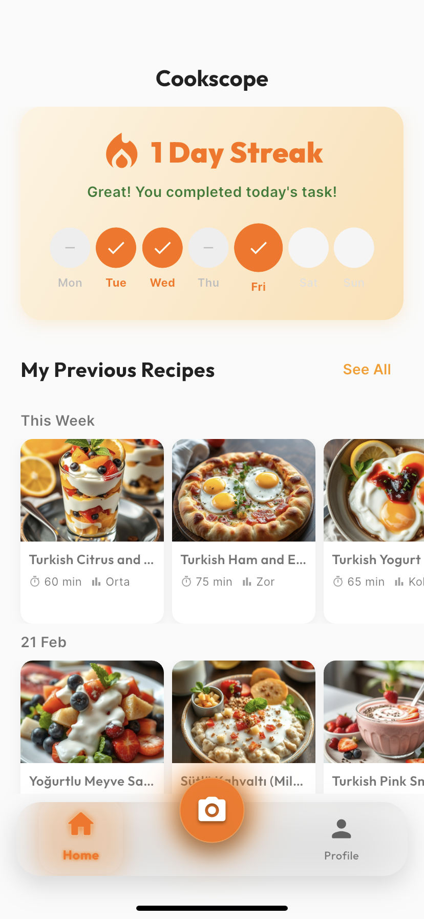 CookScope home screen showing streak and recipes